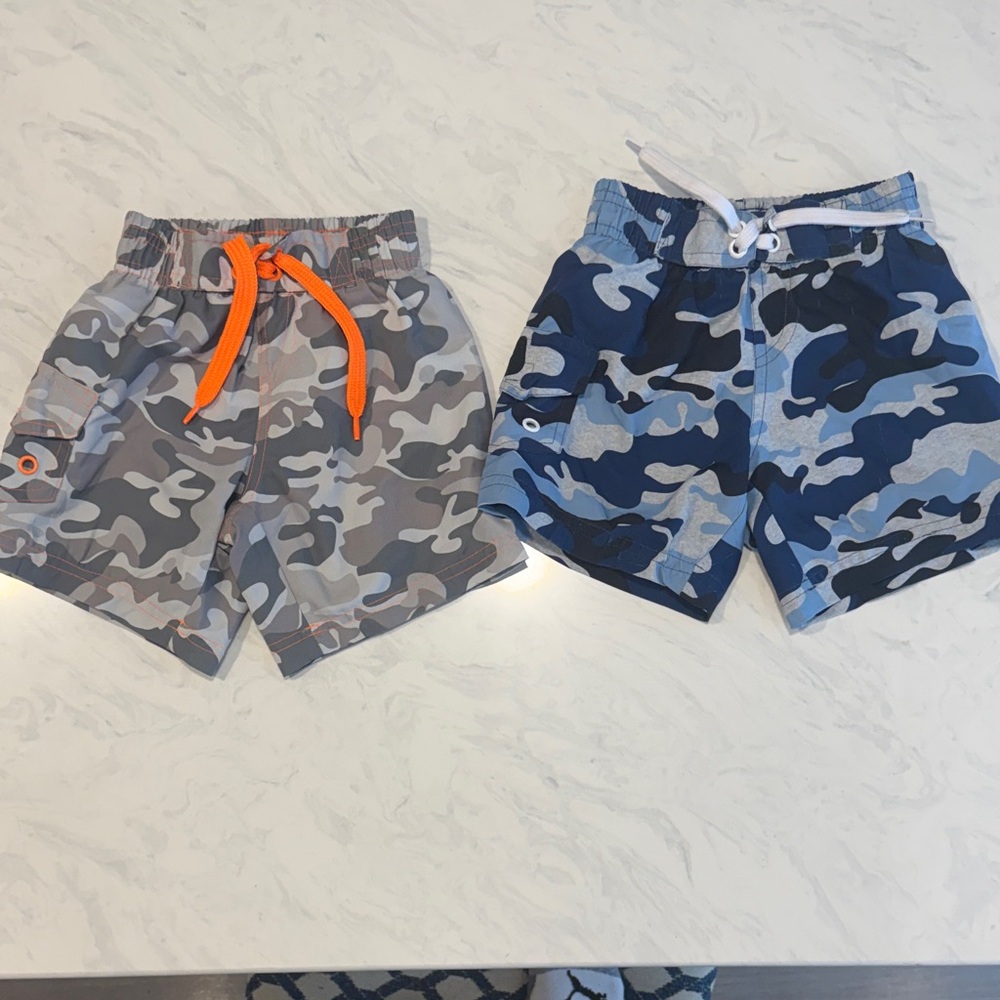 Kids Camo Swim Trunks in Gray & Blue with Orange Accent